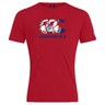 The Canterbury Virginia CCC Flag Club T-shirt by WRS Canterbury is a red short-sleeve rugby tee featuring a bold blue "CCC canterbury" logo and patterned front design.