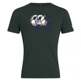 The Canterbury Virginia CCC Flag Club T-shirt by WRS Canterbury is a dark green tee with the iconic logo featuring rugby players and a red floral design—ideal for fans of classic rugby style tees.