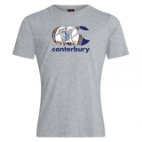 The WRS Canterbury Virginia CCC Flag Club T-shirt is a grey tee with a large "CCC" logo, knight illustration, colorful designs, and "canterbury" in navy—ideal for Canterbury rugby fans.