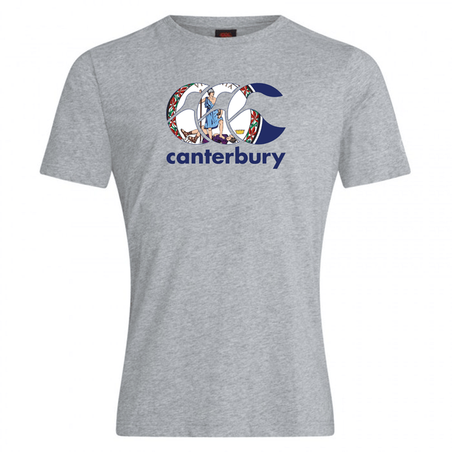 The WRS Canterbury Virginia CCC Flag Club T-shirt is a grey tee with a large "CCC" logo, knight illustration, colorful designs, and "canterbury" in navy—ideal for Canterbury rugby fans.