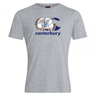 The WRS Canterbury Virginia CCC Flag Club T-shirt is a grey tee with a large "CCC" logo, knight illustration, colorful designs, and "canterbury" in navy—ideal for Canterbury rugby fans.
