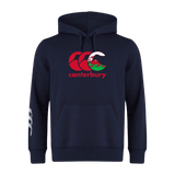 The Canterbury Wales CCC Flag Club Hoodie by WRS Canterbury features a red and white CCC logo on the chest and a small white sleeve design on navy blue sweatshirt fleece, combining style and comfort for casual wear.