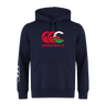 The Canterbury Wales CCC Flag Club Hoodie by WRS Canterbury features a red and white CCC logo on the chest and a small white sleeve design on navy blue sweatshirt fleece, combining style and comfort for casual wear.