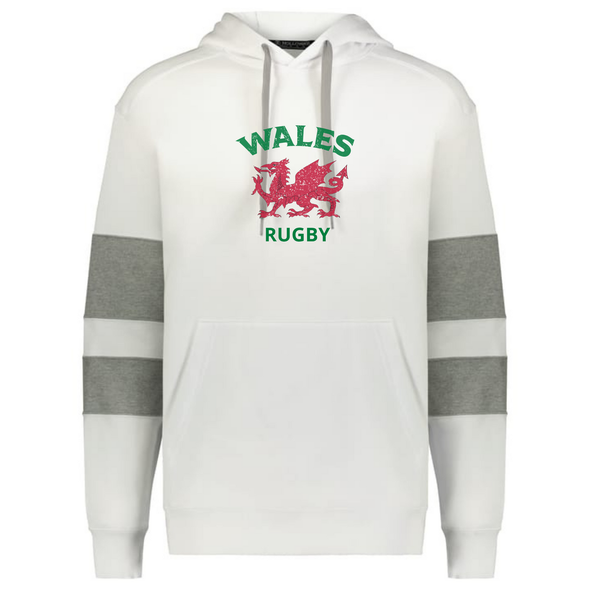 The WRS Augusta Nations of Rugby Wales Jackson Way Hoodie features grey-striped sleeves, a front pocket, and "WALES RUGBY" text with a red Welsh dragon—perfect for showing your rugby pride.