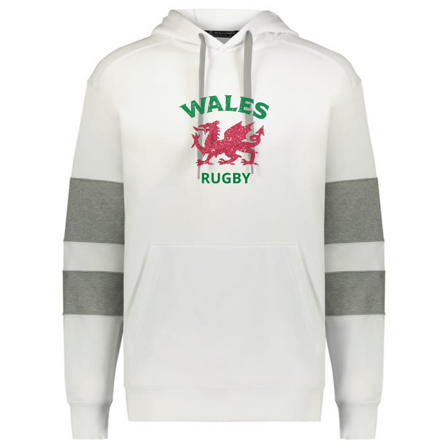 The WRS Augusta Nations of Rugby Wales Jackson Way Hoodie features grey-striped sleeves, a front pocket, and "WALES RUGBY" text with a red Welsh dragon—perfect for showing your rugby pride.