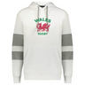 The WRS Augusta Nations of Rugby Wales Jackson Way Hoodie features grey-striped sleeves, a front pocket, and "WALES RUGBY" text with a red Welsh dragon—perfect for showing your rugby pride.