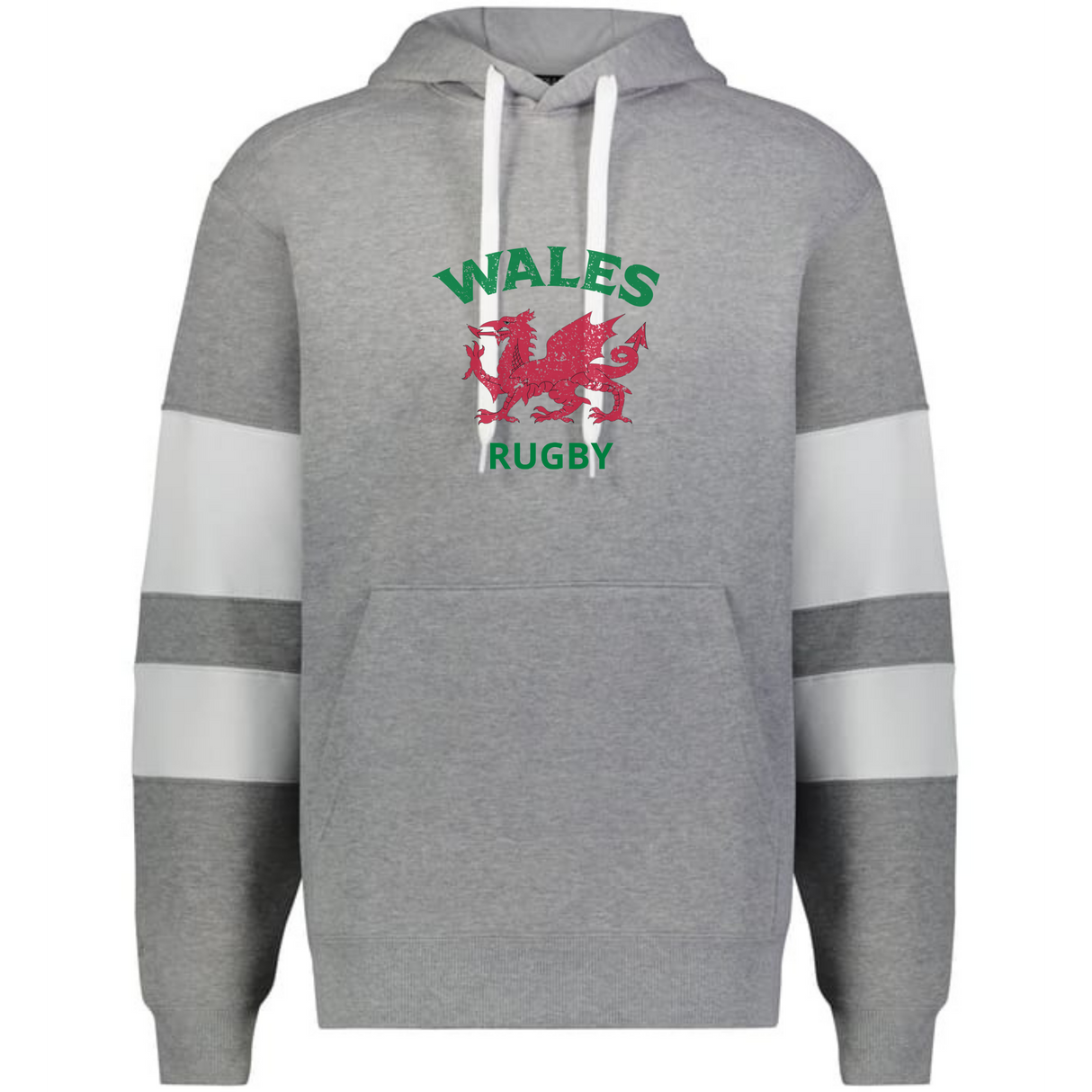 The WRS Augusta Nations of Rugby Wales Jackson Way Hoodie is gray with white drawstrings, two white sleeve stripes, "WALES RUGBY" text, and a red dragon emblem on the chest.
