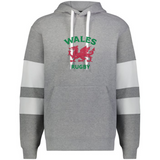 The WRS Augusta Nations of Rugby Wales Jackson Way Hoodie is gray with white drawstrings, two white sleeve stripes, "WALES RUGBY" text, and a red dragon emblem on the chest.