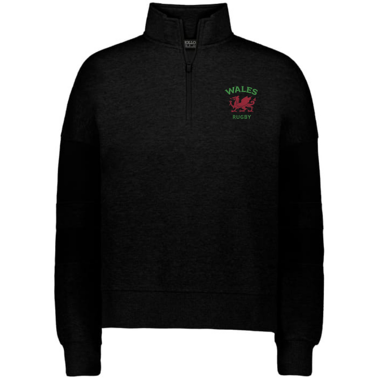 Stay warm and stylish in the EMB Augusta Women's Nations of Rugby Wales Jackson Way Pullover, featuring a black rugby fleece quarter-zip with "Wales Rugby" and a red dragon logo on the left chest.