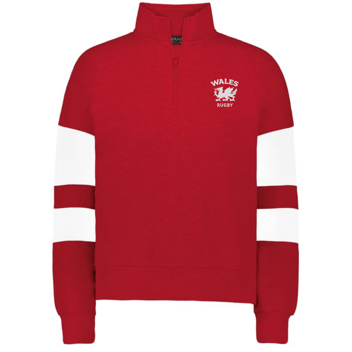 The EMB Augusta Women's Nations of Rugby Wales Jackson Way Pullover is a red cropped quarter-zip fleece with white sleeve stripes and a "Wales Rugby" dragon logo on the upper left chest.