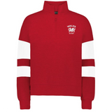 The EMB Augusta Women's Nations of Rugby Wales Jackson Way Pullover is a red cropped quarter-zip fleece with white sleeve stripes and a "Wales Rugby" dragon logo on the upper left chest.