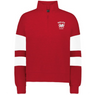 The EMB Augusta Women's Nations of Rugby Wales Jackson Way Pullover is a red cropped quarter-zip fleece with white sleeve stripes and a "Wales Rugby" dragon logo on the upper left chest.