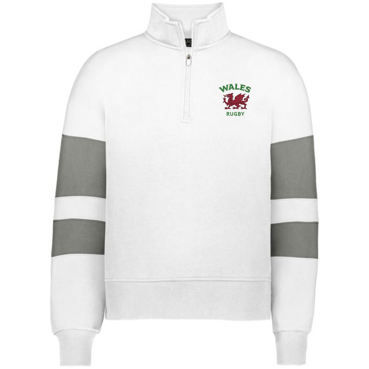 The EMB Augusta Women's Nations of Rugby Wales Jackson Way Pullover is a white cropped quarter-zip fleece with grey sleeve stripes and a red dragon "Wales Rugby" logo, offering sporty style and comfort.