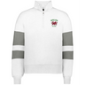 The EMB Augusta Women's Nations of Rugby Wales Jackson Way Pullover is a white cropped quarter-zip fleece with grey sleeve stripes and a red dragon "Wales Rugby" logo, offering sporty style and comfort.