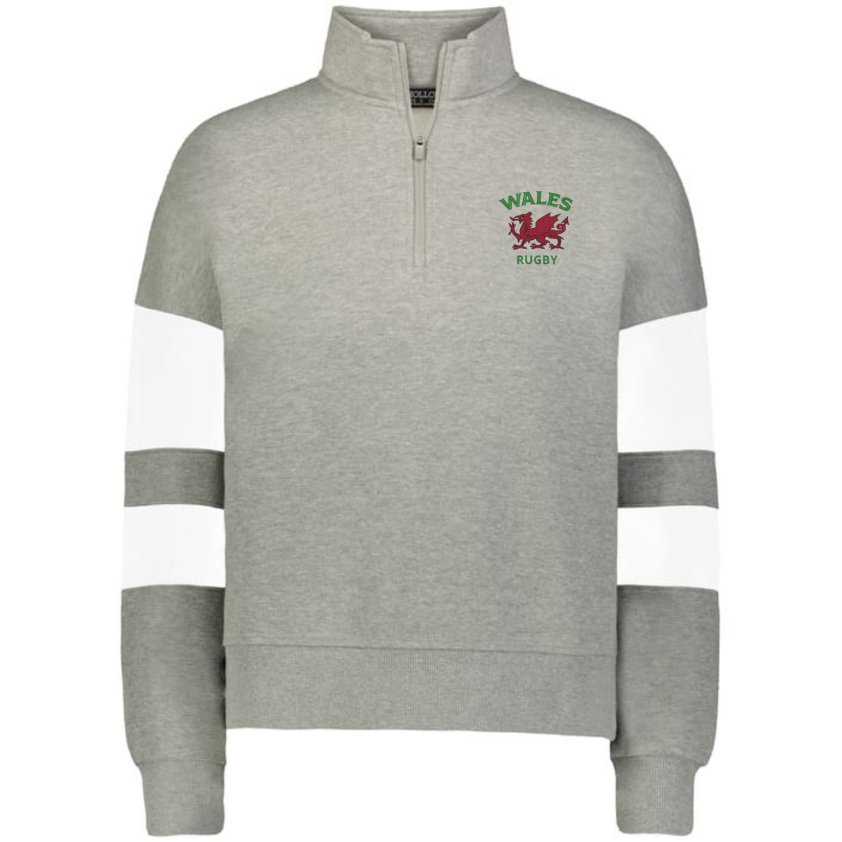 The EMB Augusta Women's Nations of Rugby Wales Jackson Way Pullover is a light grey cropped quarter-zip fleece with "Wales Rugby," a red dragon crest, and white sleeve stripes for style.