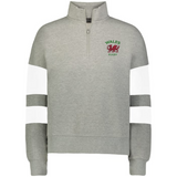 The EMB Augusta Women's Nations of Rugby Wales Jackson Way Pullover is a light grey cropped quarter-zip fleece with "Wales Rugby," a red dragon crest, and white sleeve stripes for style.