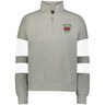The EMB Augusta Women's Nations of Rugby Wales Jackson Way Pullover is a light grey cropped quarter-zip fleece with "Wales Rugby," a red dragon crest, and white sleeve stripes for style.