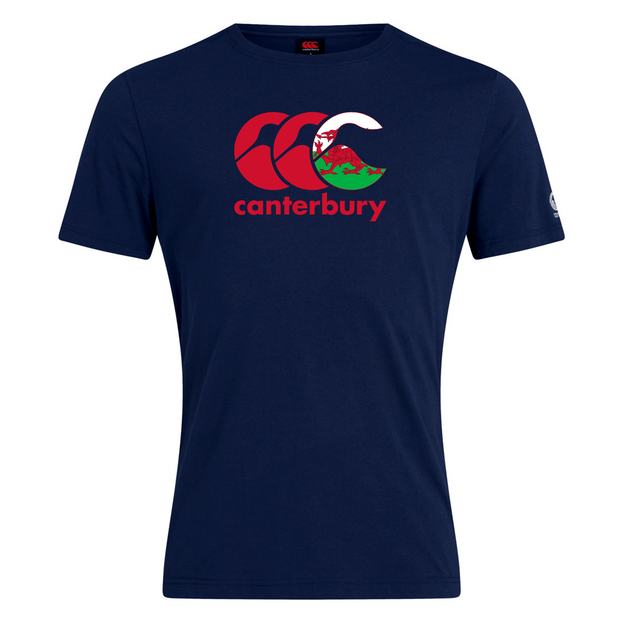 WRS Canterbury Wales CCC Flag Club T-Shirt in navy, with a red and white "Canterbury" Kiwi logo featuring a stylized dragon and mountains inside the "C" graphic, crafted from a comfy cotton blend.