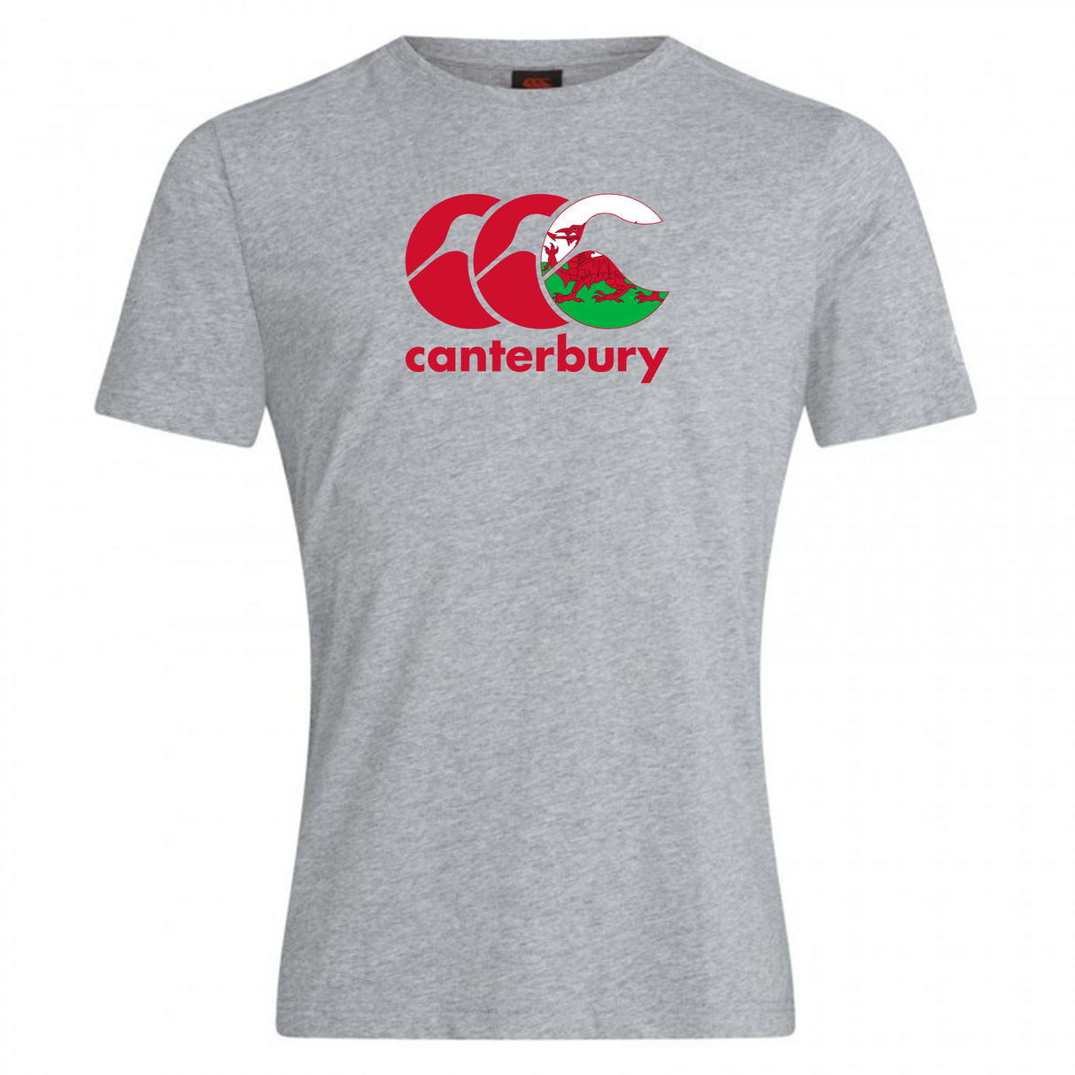 Gray cotton blend Canterbury Wales CCC Flag Club T-shirt featuring a red and white Kiwi logo with three overlapping C's and "canterbury" underneath, by WRS Canterbury.