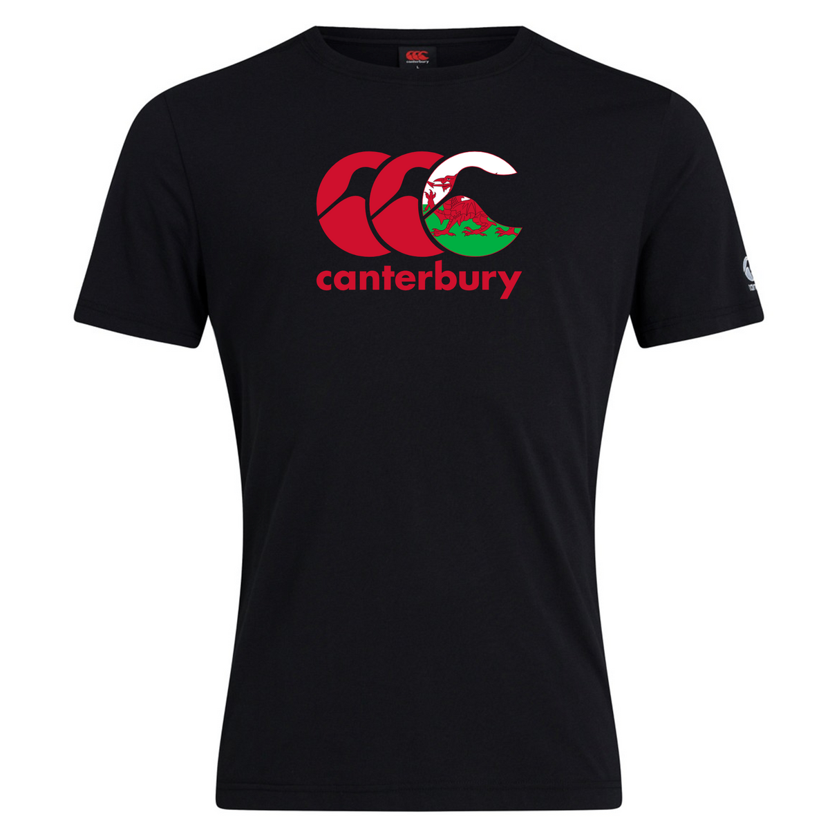 The Canterbury Wales CCC Flag Club T-Shirt by WRS Canterbury features a black cotton blend, adorned with a red and white Canterbury Kiwi logo and a dragon next to "canterbury" on the front.