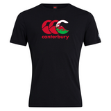 The Canterbury Wales CCC Flag Club T-Shirt by WRS Canterbury features a black cotton blend, adorned with a red and white Canterbury Kiwi logo and a dragon next to "canterbury" on the front.