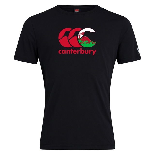 The Canterbury Wales CCC Flag Club T-Shirt by WRS Canterbury features a black cotton blend, adorned with a red and white Canterbury Kiwi logo and a dragon next to "canterbury" on the front.
