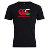 The Canterbury Wales CCC Flag Club T-Shirt by WRS Canterbury features a black cotton blend, adorned with a red and white Canterbury Kiwi logo and a dragon next to "canterbury" on the front.