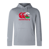 The WRS Canterbury Wales CCC Club Lightweight Hoodie is a gray polyester hoodie with a front logo in red and green, featuring a kangaroo and New Zealand mountain scene. This comfortable hoodie is perfect for any adventure.