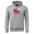 The Canterbury Wales CCC Flag Club Hoodie by WRS Canterbury is gray with a kangaroo pocket and showcases the iconic "Canterbury" logo in red and white on the front.