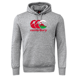 The Canterbury Wales CCC Flag Club Hoodie by WRS Canterbury is gray with a kangaroo pocket and showcases the iconic "Canterbury" logo in red and white on the front.