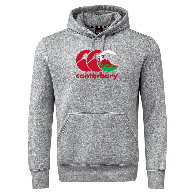 The Canterbury Wales CCC Flag Club Hoodie by WRS Canterbury is gray with a kangaroo pocket and showcases the iconic "Canterbury" logo in red and white on the front.