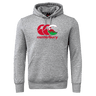 The Canterbury Wales CCC Flag Club Hoodie by WRS Canterbury is gray with a kangaroo pocket and showcases the iconic "Canterbury" logo in red and white on the front.