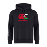 The Black Canterbury Wales CCC Flag Club Hoodie by WRS Canterbury is made of sweatshirt fleece, featuring a striking red and white CCC logo on the chest and bold white stripes on the left sleeve.