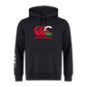 The Black Canterbury Wales CCC Flag Club Hoodie by WRS Canterbury is made of sweatshirt fleece, featuring a striking red and white CCC logo on the chest and bold white stripes on the left sleeve.