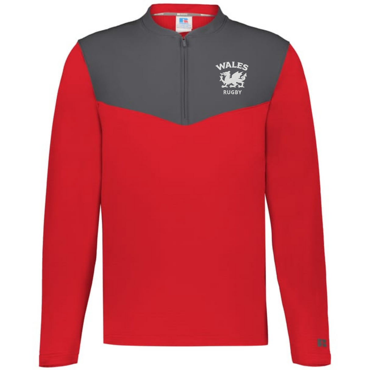 The EMB Augusta Nations of Rugby Wales Sideline Grid 1/4 Zip Pullover is a red and gray long-sleeve top with "WALES RUGBY" logo and emblem on the left chest—ideal supporter gear.