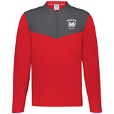 The EMB Augusta Nations of Rugby Wales Sideline Grid 1/4 Zip Pullover is a red and gray long-sleeve top with "WALES RUGBY" logo and emblem on the left chest—ideal supporter gear.