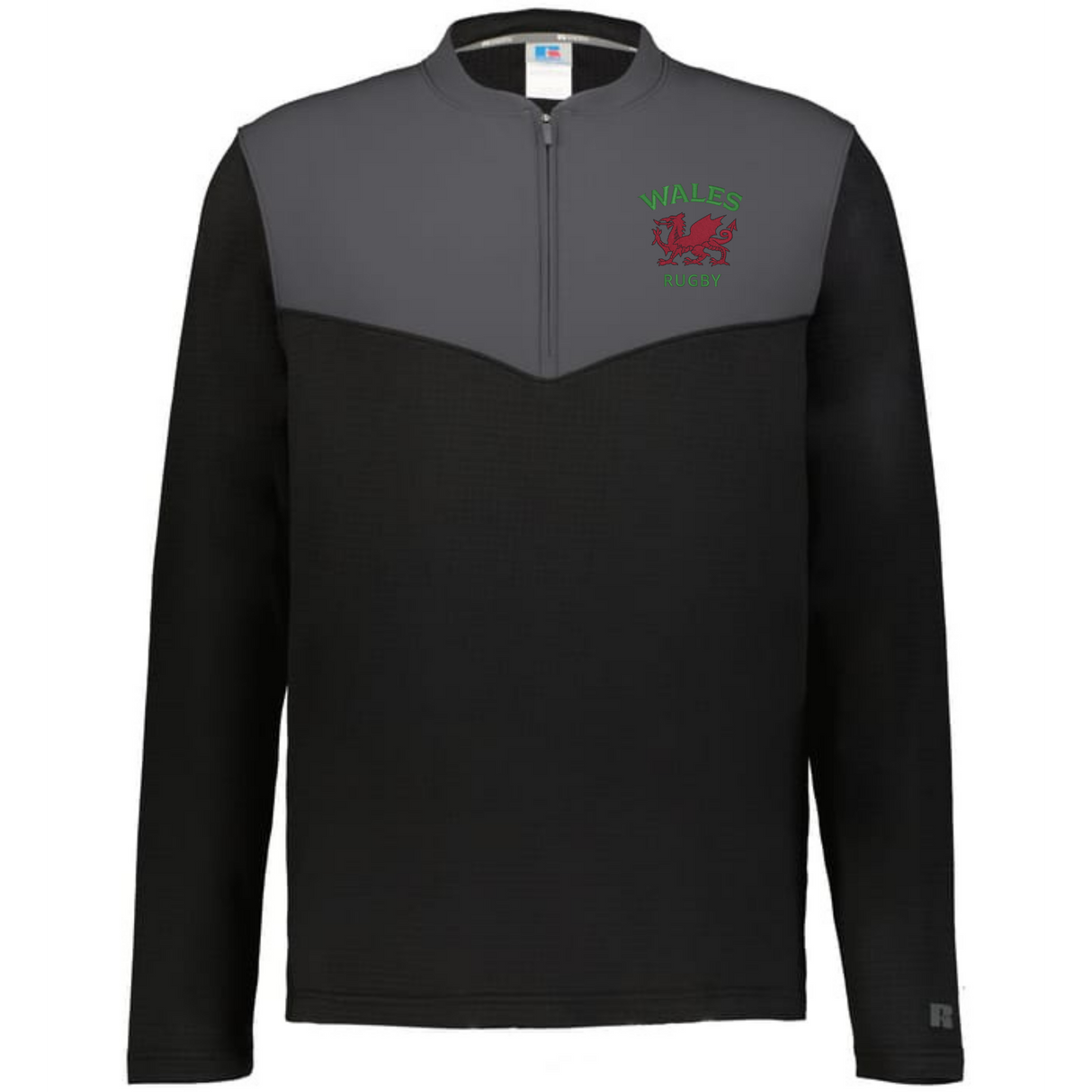 The EMB Augusta Nations of Rugby Wales Sideline Grid 1/4 Zip Pullover features a black and gray design with "Wales Rugby" and a red dragon logo—ideal for fans seeking a stylish and comfortable rugby fleece.