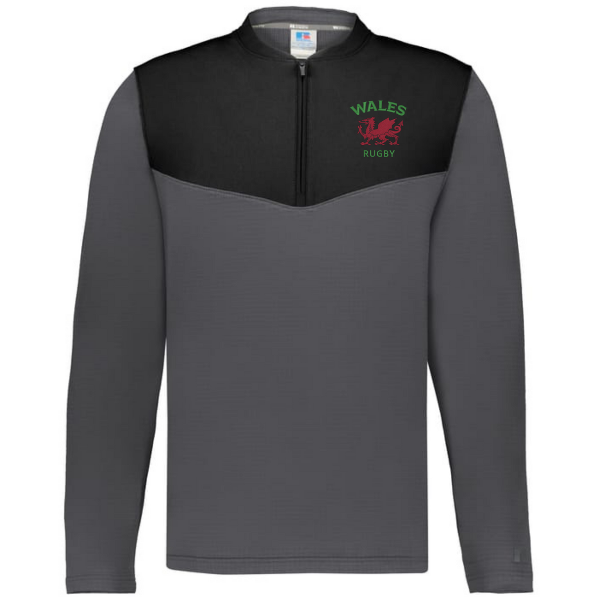 The EMB Augusta Nations of Rugby Wales Sideline Grid 1/4 Zip Pullover features grey and black long sleeves with a "Wales Rugby" logo and red dragon emblem on the left chest—your ideal Wales rugby pullover.