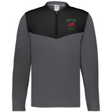 The EMB Augusta Nations of Rugby Wales Sideline Grid 1/4 Zip Pullover features grey and black long sleeves with a "Wales Rugby" logo and red dragon emblem on the left chest—your ideal Wales rugby pullover.