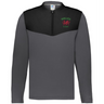 The EMB Augusta Nations of Rugby Wales Sideline Grid 1/4 Zip Pullover features grey and black long sleeves with a "Wales Rugby" logo and red dragon emblem on the left chest—your ideal Wales rugby pullover.