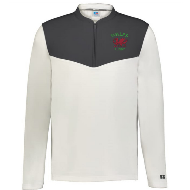 The EMB Augusta Nations of Rugby Wales Sideline Grid 1/4 Zip Pullover features a light gray body, dark gray shoulders, and a red dragon "Wales Rugby" logo—your go-to fleece for match day.