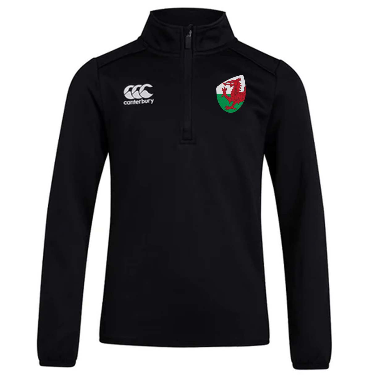 The Wales Club Shield 1/4 Zip Training Top, by EMB Canterbury, features a prominent logo on the left chest and the iconic Canterbury logo on the right.