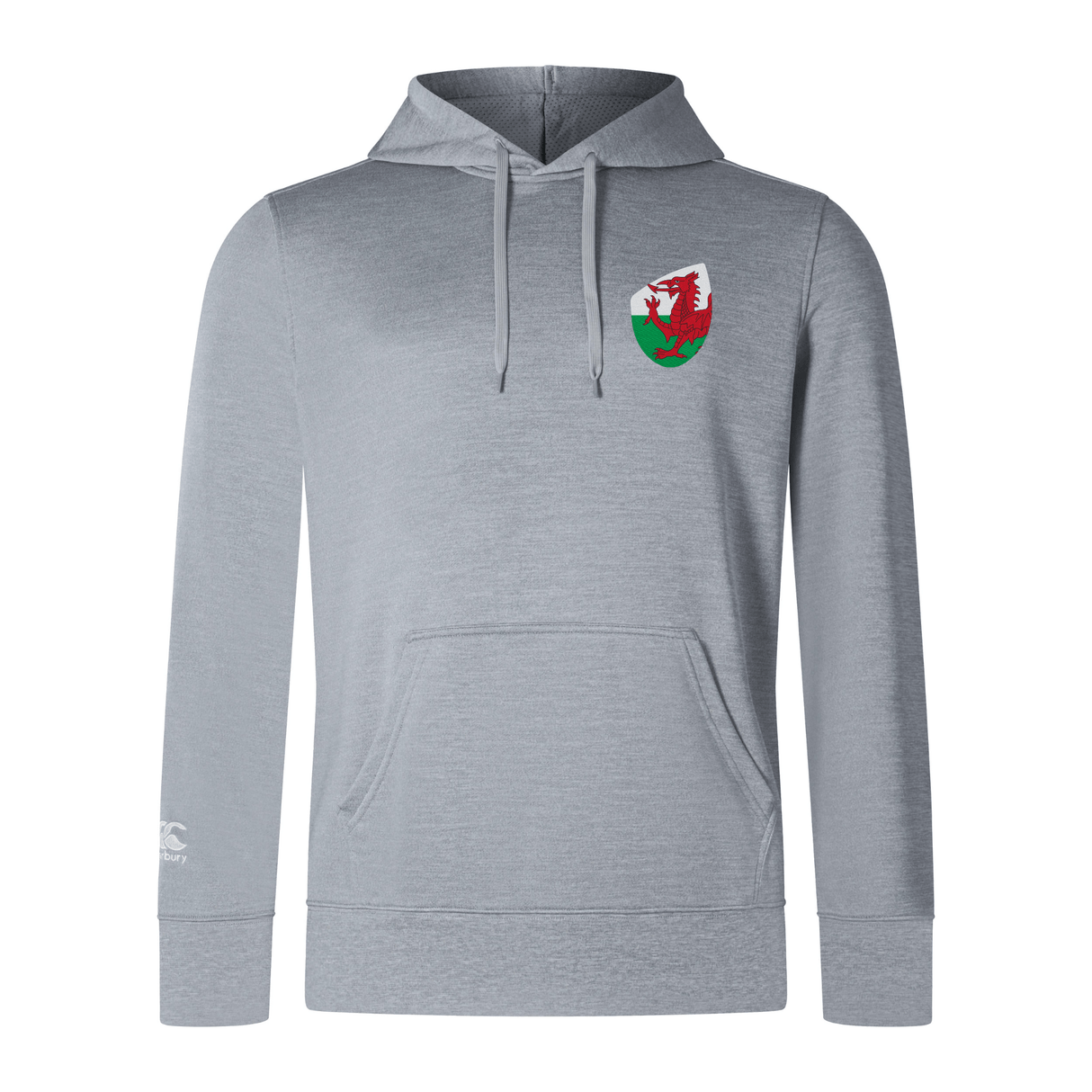 The EMB Canterbury Wales Shield Club Lightweight Hoodie is a gray hooded sweatshirt featuring a red dragon crest on the chest and a small logo on the left sleeve.