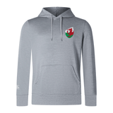 The EMB Canterbury Wales Shield Club Lightweight Hoodie is a gray hooded sweatshirt featuring a red dragon crest on the chest and a small logo on the left sleeve.