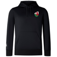 The EMB Canterbury Wales Shield Club Lightweight Hoodie is black with a front pocket and drawstrings, featuring a bold red dragon emblem on a green and white shield on the chest.