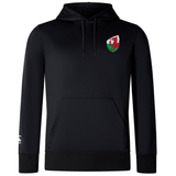 The EMB Canterbury Wales Shield Club Lightweight Hoodie is black with a front pocket and drawstrings, featuring a bold red dragon emblem on a green and white shield on the chest.