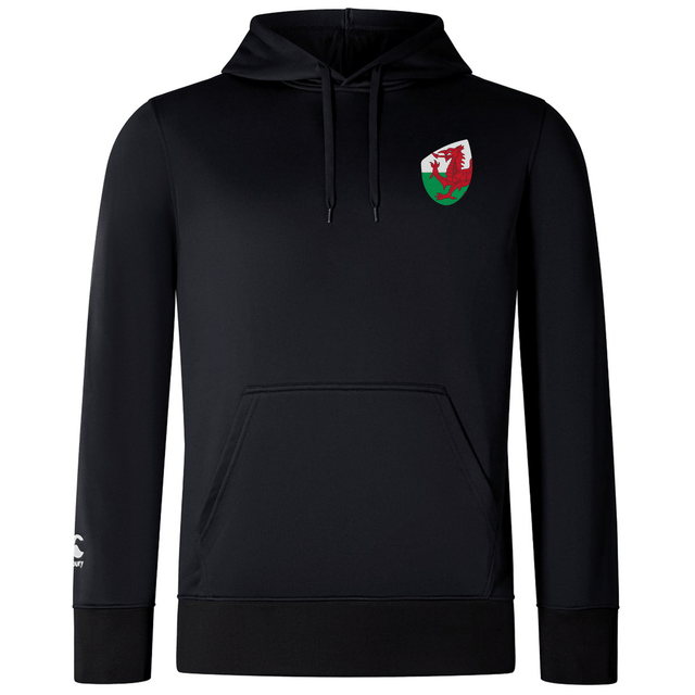 The EMB Canterbury Wales Shield Club Lightweight Hoodie is black with a front pocket and drawstrings, featuring a bold red dragon emblem on a green and white shield on the chest.