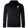 The EMB Canterbury Wales Shield Club Lightweight Hoodie is black with a front pocket and drawstrings, featuring a bold red dragon emblem on a green and white shield on the chest.
