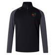 Explore the Washington Irish Rugby Elite 1/4 Zip Top by Canterbury, a black and gray long-sleeve sports top adorned with a green and red embroidered shield logo on the chest. Crafted by EMB Canterbury for performance and comfort, this top utilizes sustainable materials to enhance your workout experience responsibly.