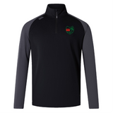 Explore the Washington Irish Rugby Elite 1/4 Zip Top by Canterbury, a black and gray long-sleeve sports top adorned with a green and red embroidered shield logo on the chest. Crafted by EMB Canterbury for performance and comfort, this top utilizes sustainable materials to enhance your workout experience responsibly.